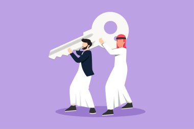 Çizgi film düz çizim işi çözümü. Takım çalışması başarısı. İşbirliği yapmak. İki Arap büyük anahtarı kaldırıyor. Etkili iş. Başarıya doğru. Grafik tasarım vektör çizimi