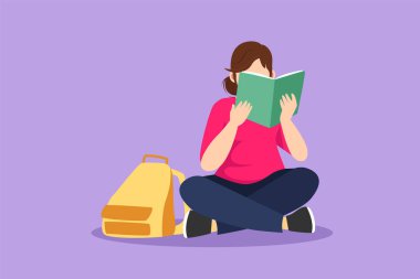 Grafik düz tasarım, kitap okuyan ve yerde oturan mutlu genç bir kadın çiziyor. Güzel, zeki bir bayan okuyucu edebiyattan hoşlanıyor ya da ders çalışıyor ve sınava hazırlanıyor. Çizgi film biçimi vektör illüstrasyonu