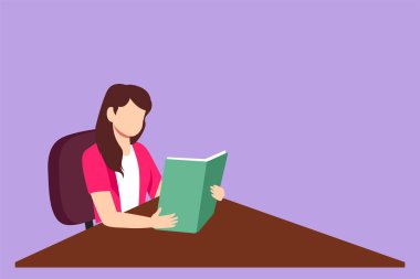 Çizgi filmlerdeki gibi masada oturan ve elinde kitap tutan güzel bir kız öğrenci çiziyor. Kitap okuyan bir kadın. Kitap okuyan ve sınava hazırlanan genç bir kadın. Grafik tasarım vektör çizimi
