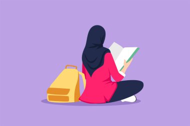 Çizgi film düz eğitim çizimi. Arap bir kadının kitap okurken arka planda oturuşu. Üniversite öğrencisi sınava hazırlan, okula geri dön ve bilgi kazan. Grafik tasarım vektör çizimi