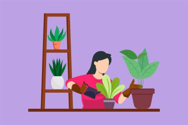 Çiçekleri sulayan, yeşilliklerle ilgilenen güzel bir kadın. Hobi, düşük atık yaşam tarzı, çevre dostu düşünce. Yeşil ev bahçesi. Balkondaki bahçe. Çizgi film tasarım vektör çizimi