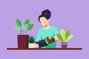 Evdeki çiçekleri sulayan güzel bir kadının çizimi. Ev bahçesi ve yeşil ev bitkileri konsepti. Çiçekçide yetişen çiçeklerle ilgilenen bir kız. Çizgi film tasarım vektör çizimi