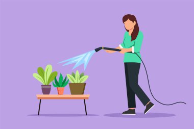 Genç ve güzel bir kadının hortumla saksıları sulaması. Bahçe işleri, sera, botanik bahçesi, çiçek yetiştirme, yeşil bitki yetiştirme konsepti. Çizgi film tasarım vektör çizimi