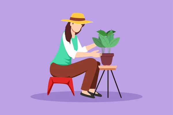 グラフィックフラットデザイン 若い美しい女性が座って庭の花を植える 農園の庭師の趣味と庭の仕事 ガーデニングの人 庭師の花 漫画スタイルベクターイラスト — ストックベクタ