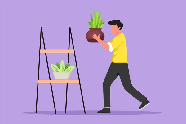 ホームガーデニングのグラフィックフラットデザイン図面 男性は 植物の世話をする 男は慎重にラックに鍋に花を入れる 成長するエキゾチックな植物 珍しい芽で立っています 漫画スタイルベクターイラスト — ストックベクタ