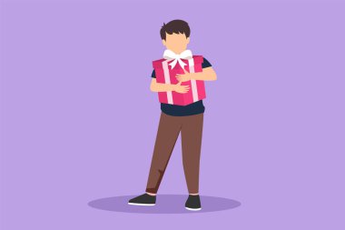 Karakter düz çizen çocuk ayakta duruyor ve kollarının önünde kurdele yayı sarılıyor. Sevimli küçük çocuk elinde fiyonkla bayram hediyesi kutusu taşıyor. Çizgi film tasarım vektör çizimi