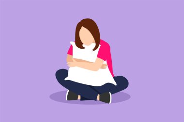 Grafi düz tasarım, güzel bir kadının sıcak bir şekilde yastığa oturmasını ve sarılmasını gösteriyor. Yurt içi kampanyada kal. Corona virüsünün önlenmesi. Rahatlama ve uyku zamanı. Çizgi film biçimi vektör illüstrasyonu