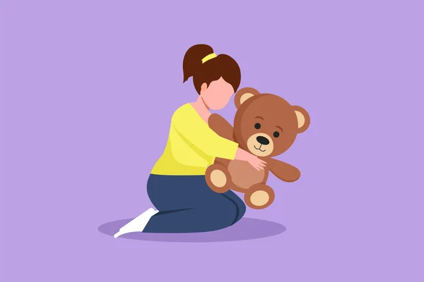 Personagem Plana Desenho Criança Menina Segurando Ajoelhado Abraçando Boneca Ursinho — Vetor de Stock