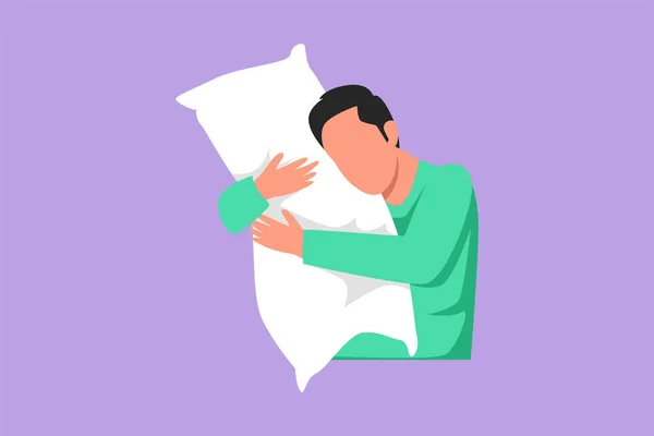 Karikatür Düz Stil Erkek Uyurken Kocaman Bir Yastığa Sarılıyor Uykulu — Stok Vektör