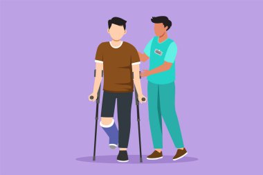 Rehabilitasyon merkezinin düz çizgi film çizimi. Hasta doktor yardımıyla koltuk değnekleriyle yürümeyi öğreniyor. Yaralı insanlar için fizyoterapi. Grafik tasarım vektör çizimi