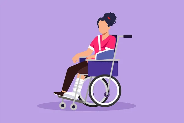 苦痛に苦しんでいる石膏の足を持つ女性の特徴の平らなデッサン 足が折れた車椅子に座っている女性 車椅子に座っている足を骨折した少女 漫画デザインベクターイラスト — ストックベクタ