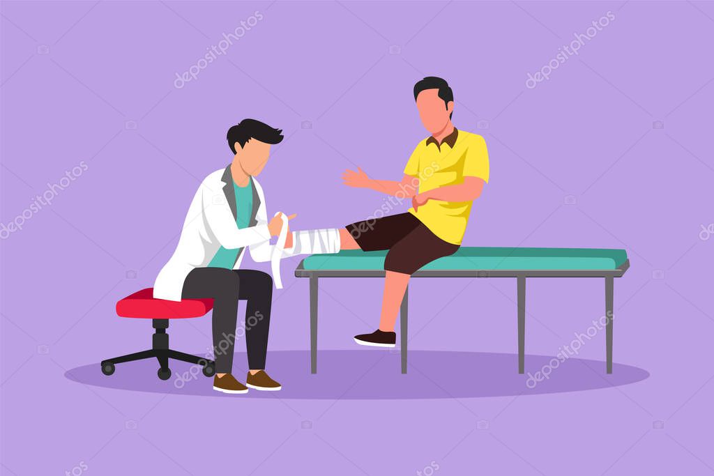 Character flat drawing of doctor bandage broken leg to male patient sitting on couch. Upset man with plaster on ankle in hospital room. Trauma, healthcare, therapy. Cartoon design vector illustration