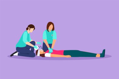 Grafik düz tasarım, kadın hastaya dolaylı kalp masajı yapan sağlık görevlisi çiziyor. Hayat kurtarmak ya da acil bir kaza. Sağlık, bakım, sağlık, takım çalışması. Çizgi film biçimi vektör illüstrasyonu