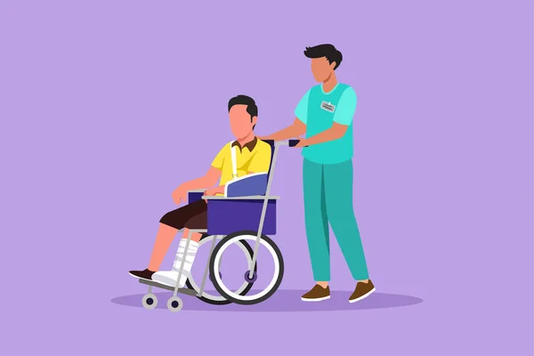 Charakterzeichnung Eines Behinderten Mannes Mit Gebrochener Hand Rollstuhlfahrer Mit Unterstützung — Stockvektor