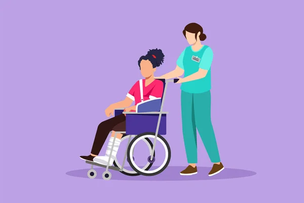 キャラクターフラット描画障害女性患者 車椅子と医師 女性輸送者が病院を歩いている メディカルサービス リハビリテーションと医療 漫画デザインベクターイラスト — ストックベクタ