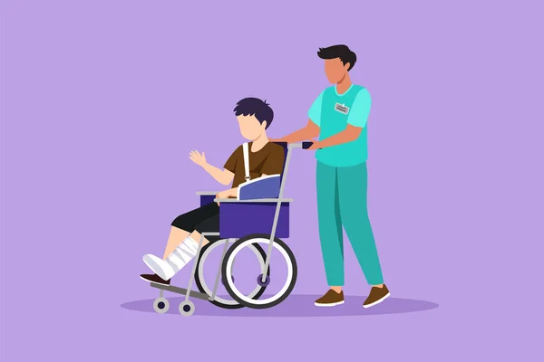 キャラクターフラットデッサンは 手が壊れた小さな男の子 看護師の助けを借りて足に乗る車椅子を障害しました 外傷病院の子供たち 障害という概念 漫画デザインベクターイラスト — ストックベクタ