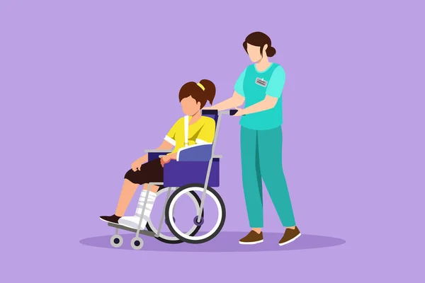 Charakter Flache Zeichnung Sanitäter Helfen Behinderten Kleinen Mädchen Rollstuhl Beim — Stockvektor