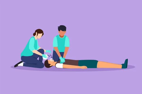 Acil serviste kardiyopulmoner resüsitasyon yapan acil servis doktorları. Sağlık görevlisi hastaya dolaylı kalp masajı yapıyor. Çizgi film tasarım vektör çizimi