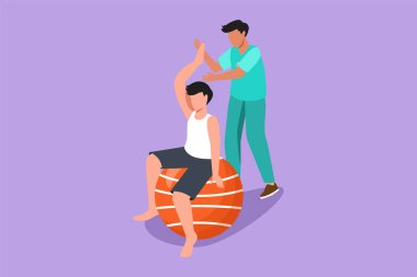Karakter düz çizim fizyoterapi rehabilitasyon izometrik kompozisyonu. Genç hasta topun üzerinde oturuyor ve erkek doktor elini tutuyor. Tıbbi konsept. Çizgi film tasarım vektör çizimi