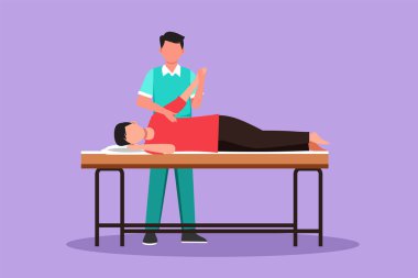 Grafik düz tasarım, hasta bir hastayı masaj masasında yatarken, masaj yaparken, el masajı yaparken, elle fiziksel terapi rehabilitasyonu yaparken çekiyor. Çizgi film biçimi vektör illüstrasyonu