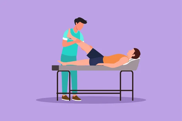卡通平面风格吸引男性治疗师帮助病人抬起腿进行锻炼 物理治疗 康复中心 被动和主动的运动 图形设计矢量说明 — 图库矢量图片