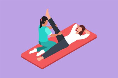 Rehabilitasyon merkezinin veya tıbbi tedavinin düz çizimi. Masaj terapisi. Kadın fizyoterapist yerde yatan hastaya bacak masajı yapıyor. Çizgi film tasarım vektör çizimi