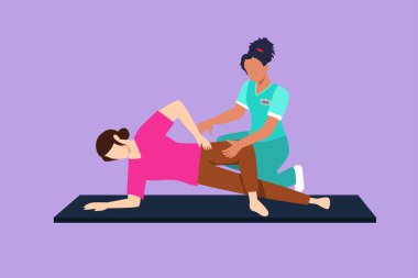 Grafik düz tasarım, profesyonel kadın osteopat kemik seti çizer ve kadınlara masaj yapar. Omurga ayarlaması. Rehabilitasyon, manuel terapi. Kayropraktör çalışıyor. Çizgi film biçimi vektör illüstrasyonu