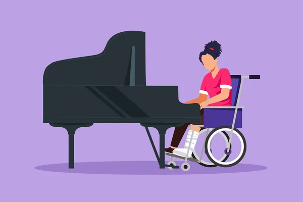 コンサートでピアノを弾く車椅子の美しい女性を無効にしたグラフィックフラットデザイン 病院でのクラシック音楽の演奏 リハビリテーションセンター患者 漫画スタイルベクターイラスト — ストックベクタ
