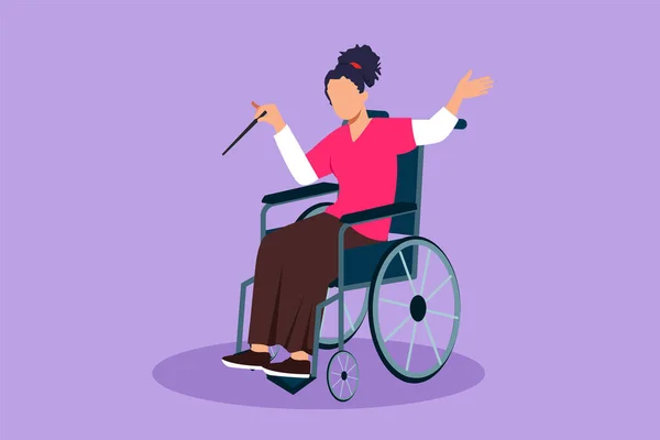 漫画フラットスタイルの描画美しい女性指揮者が車椅子をリードするオーケストラに座っています 障害者はクラシック音楽を演奏する リハビリテーションセンター患者 グラフィックデザインベクターイラスト — ストックベクタ