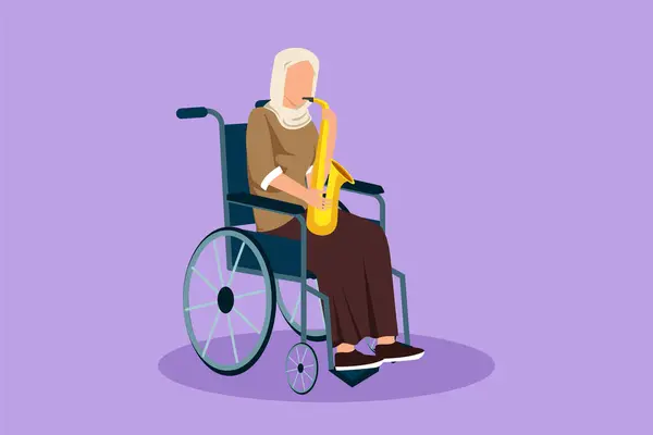 車椅子に座っている美しいアラビア人女性がサックスを演じるキャラクターフラット描画 障害者 クラシック音楽 物理的に無効になっています 病院にいる人 漫画デザインベクターイラスト — ストックベクタ