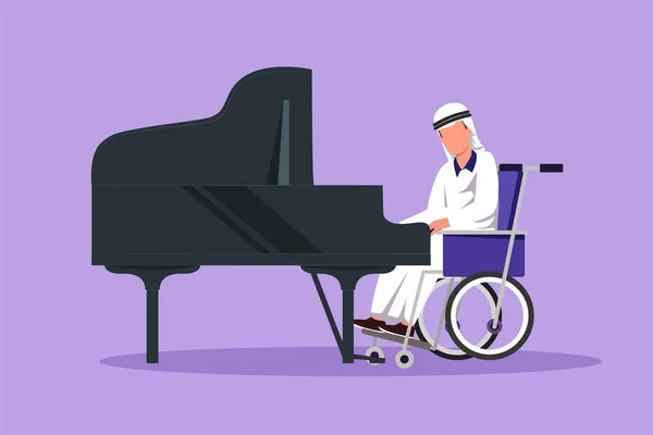 Caractère Plat Dessin Handicapé Homme Arabe Fauteuil Roulant Jouer Piano — Image vectorielle