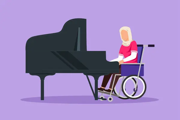 Dessin Graphique Plat Jeune Arabe Handicapée Fauteuil Roulant Jouant Piano — Image vectorielle