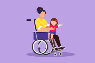 Grafik düz tasarım, çocuğuyla mutlu engelli anne çiziyor. Engelli kadın kolunda şirin bir bebek tutuyor. Aile sevgisi kavramı. Fiziksel engellilik ve toplum. Çizgi film biçimi vektör illüstrasyonu