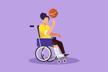 Tekerlekli sandalyede güzel bir kız çizerek basketbol oynuyor. Engelli biri basketbol topunu parmağında döndürür. Özürlü insanlar için egzersiz. Çizgi film biçimi vektör illüstrasyonu