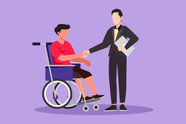 Özürlü istihdam sorumluluğunun sabit çizimi, engelliler için çalışma. Aktif olmayan adam, tekerlekli sandalyede oturup iş arkadaşıyla el sıkışıyor. Çizgi film tasarım vektör çizimi