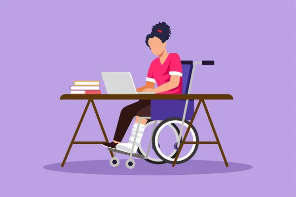 オフィスデスクでコンピュータで作業する車椅子で若い美しい女性を描画漫画フラットスタイル オンラインの仕事とスタートアップのコンセプト 身体障害と社会について グラフィックデザインベクターイラスト — ストックベクタ