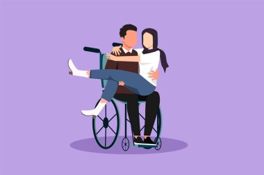 Tekerlekli sandalyede güzel bir kadın taşıyan, düz çizgi film çizimi engelli bir Arap adam. Düğün kutlamalarında mutlu bir çift. Tekerlekli sandalyede özel ihtiyaçları olan bir erkek. Grafik tasarım vektör çizimi