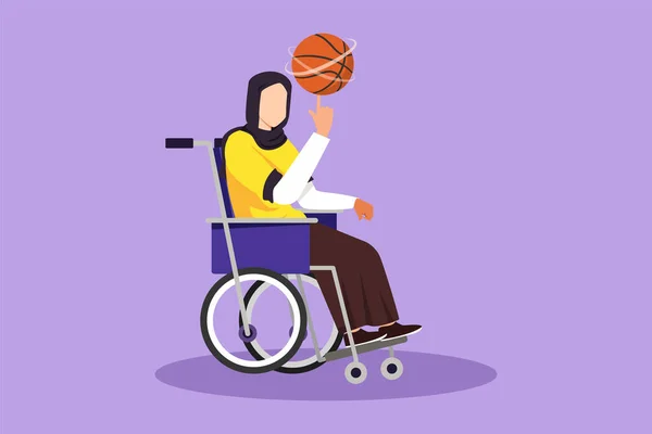 車椅子に美しいアラブの女の子を描いたグラフィックフラットデザインはバスケットボールをしています 障害者は彼女の指にバスケットボールをスピンします 障害のある人のための運動 漫画スタイルベクターイラスト — ストックベクタ