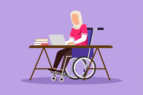 若い美しいアラビアの女性を描く漫画のフラットスタイルは オフィスでコンピュータを使用して車椅子を使用しています オンラインの仕事とスタートアップ 身体障害と社会について グラフィックデザインベクターイラスト — ストックベクタ