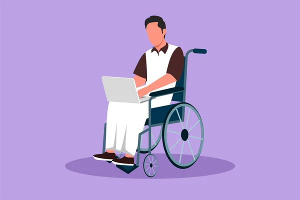 カートゥーンフラットスタイルの図面は ラップトップで作業するアラブ人の男性を無効にしました 車椅子 アイデア コンピュータ フリーランス オンラインの仕事 スタートアップ 身体障害社会について グラフィックデザインベクターイラスト — ストックベクタ