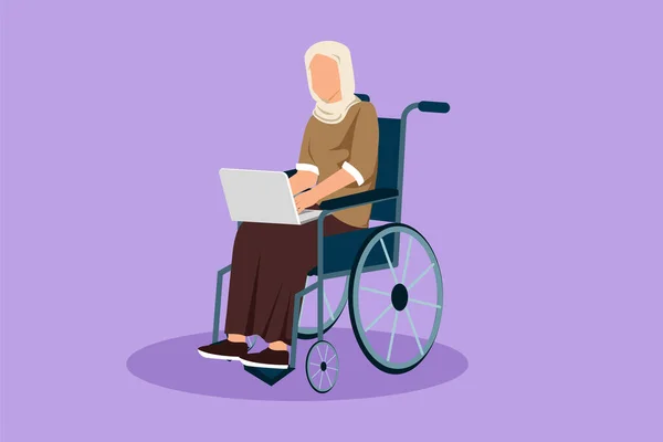 Dessin Animé Style Plat Femme Arabe Handicapée Travaillant Sur Ordinateur — Image vectorielle
