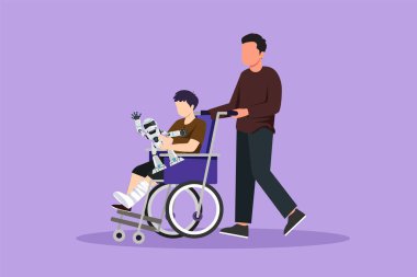 Çocuklar için bir rehabilitasyon merkezi çizimi. Babam oğlanla ilgileniyor. Mutlu baba engelli çocuklara tekerlekli sandalyede robot oyuncakları tutmalarında yardım ediyor. Çizgi film tasarım vektör çizimi