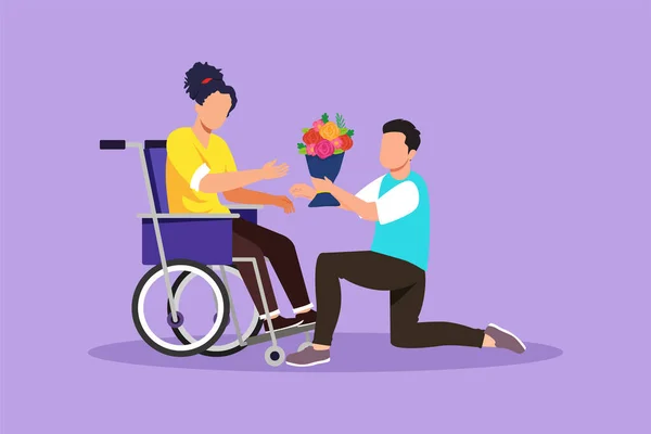 그래픽 디자인 남성과 휠체어에서 장애인 남자는 여자에게 꽃다발을 간병인 도덕적 — 스톡 벡터