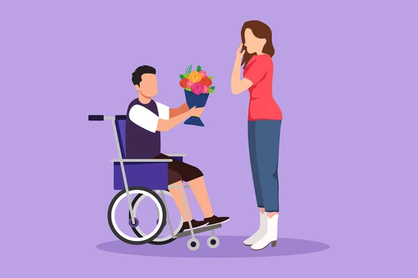 美しい女性と車椅子の障害者のグラフィックフラットデザイン図 男性は女性に花束を贈ります 家族の道徳的支援 障害リハビリテーション 漫画スタイルベクターイラスト — ストックベクタ
