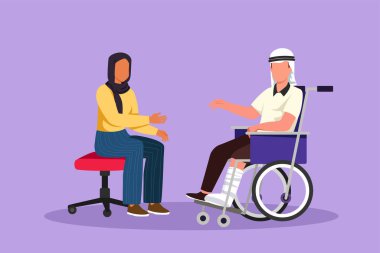 İki Arap 'ın sohbet ederken, biri sandalye kullanırken, biri tekerlekli sandalyede. Dost canlısı erkek ve kadın birbirleriyle konuşuyorlar, insan engelli toplumu. Çizgi film tasarım vektör çizimi