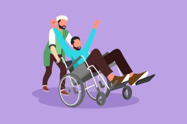 Genç, düz çizim yapan Arap erkek gönüllü engelli ihtiyara parkta tekerlekli sandalyede yardım ediyor. Aile bakımı, gönüllülük, engelli bakımı sorumluluğu. Çizgi film tasarım vektör çizimi