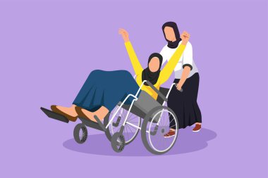 Grafi düz tasarım, genç ve güzel Arap kadın gönüllülerin çizimi engelli yaşlı bir kadının parkta tekerlekli sandalyeye oturmasına yardımcı oluyor. Aile bakımı, gönüllülük, engelli bakımı. Çizgi film biçimi vektör illüstrasyonu