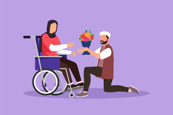 그래픽 디자인 휠체어에서 장애인 남자는 여자에게 꽃다발을 간병인 도덕적 스타일 — 스톡 벡터