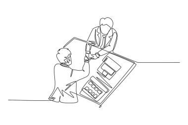 Büyük bir projeden sonra mutlu iş adamlarının iş ortağıyla tokalaşırken sürekli çizdiği bir çizgi. Harika bir takım çalışması. İş anlaşması konsepti. Tek çizgi çizimi tasarım vektörü grafik çizimi