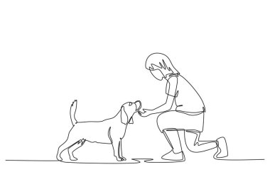Devamlı bir çizgi halinde genç mutlu bir kız tatlı köpeğiyle tokalaşıyor. İnsan ve evcil hayvan konsepti hakkında arkadaşlık. Küçük çocuk köpekle oynuyor. Tek çizgi çizimi tasarım vektörü grafik çizimi